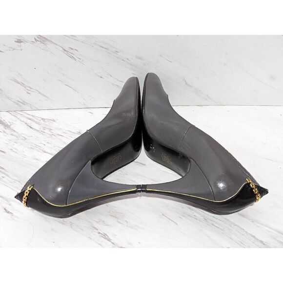 Caressa Women's Gray Leather Gold Chain Trim and Black 3"Heel Pump Size 6.5M - Picture 8 of 9